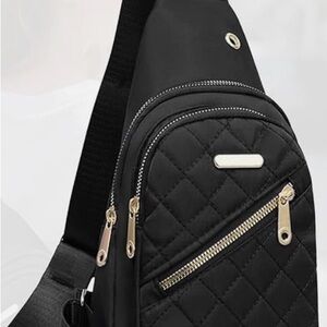 Black Quilted Crossbody Bag with Gold Accents +Purse Charm
